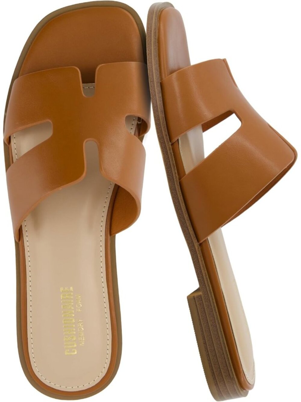 Women's Whiskey Memory Foam Vegan Leather Cutout Strap Slides Slip On Flat Shoes